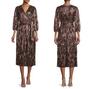 Johnny Was Jade Tina Wrap Midi Dress Brown Metallic Belted V-Neck Womens XL NWT